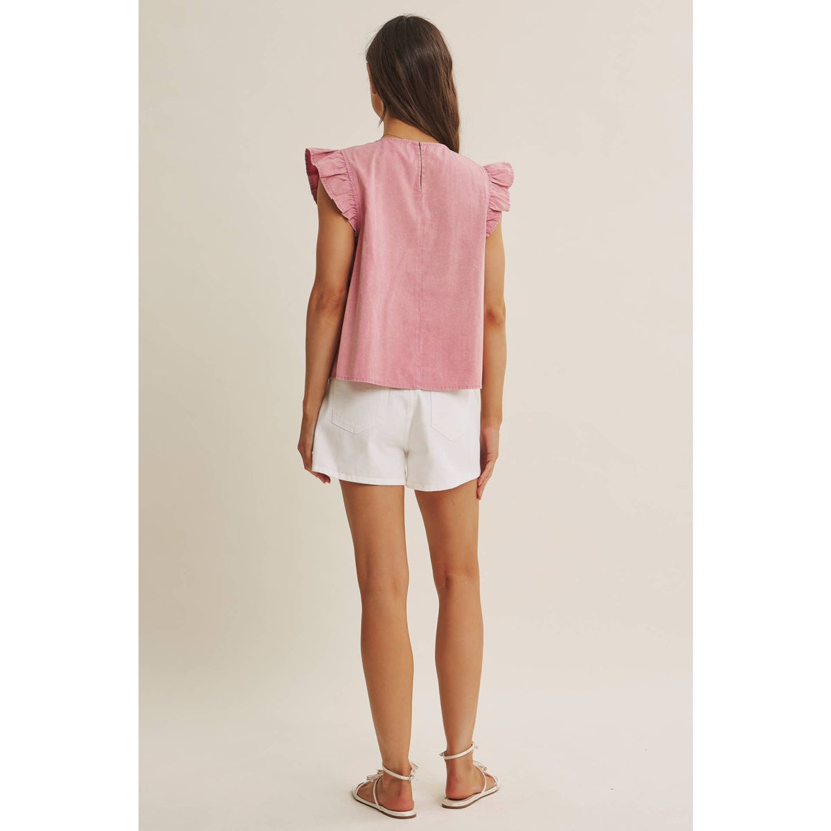 FADED GARDEN MINERAL-WASHED PLEATED BLOUSE WITH RUFFLES: RASPBERRY PINK / M