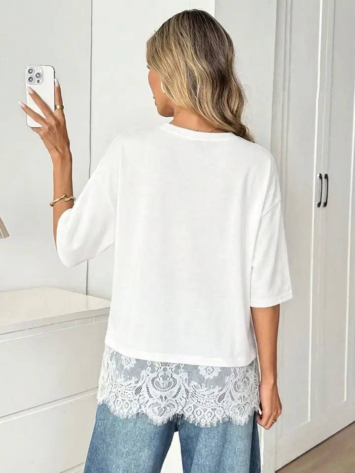 White Lace Trim Soft Lightweight Relaxed Fit Top: White / 65% Viscose 30% Polyester 5% Elastane / M