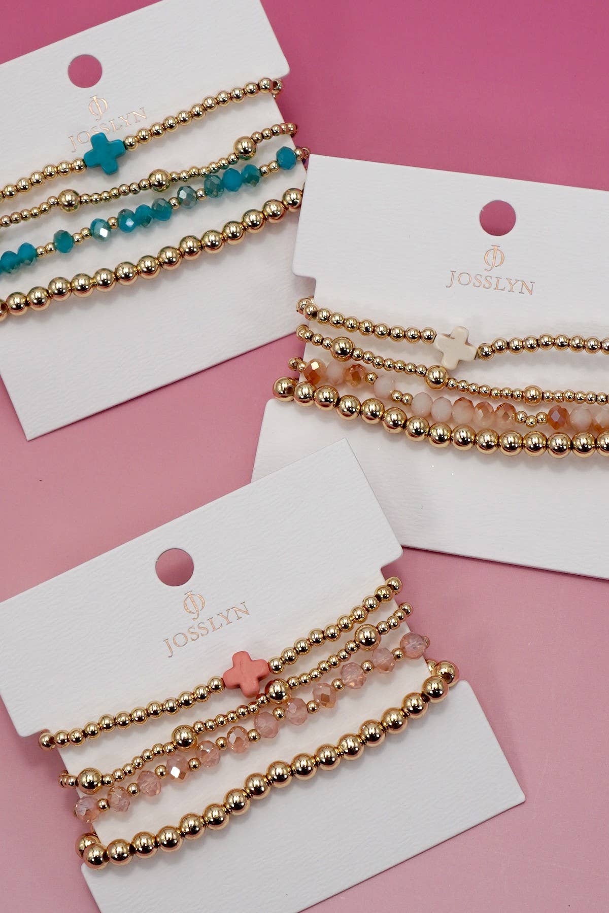 BOHO CROSS MULTI COLORFUL BEADED STRETCH BRACELET | 40B5180: Pink