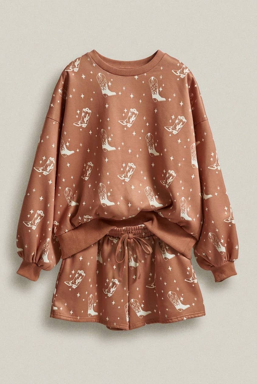 Ella Cowboy Boot Print Sweatshirt and Shorts Set: Cream / S-M-L:2-2-2