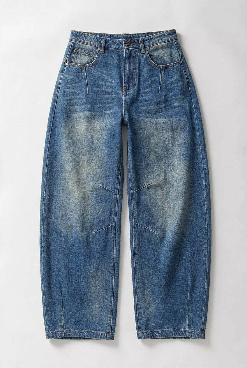Retro Fade Wide-Leg Barrel Jeans: Denim / S-M-L