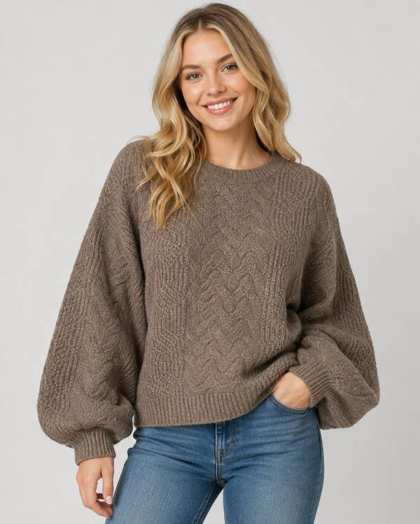 Balloon Sleeve Cable Knit Sweater- CC3469-R: Mocha / SM