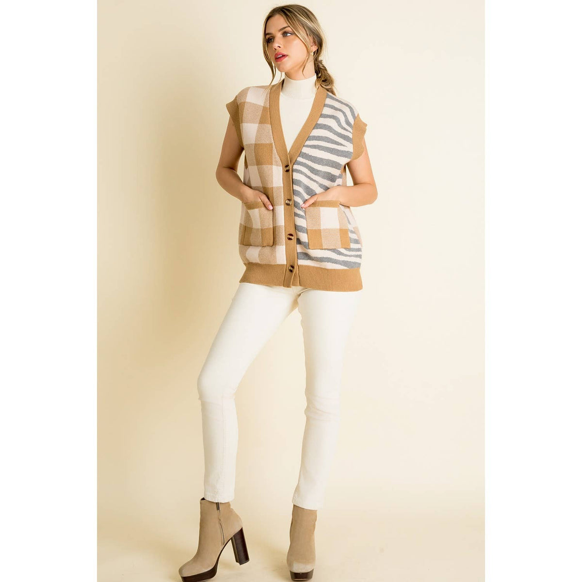 Mixed Pattern Vest: BEIGE / XS-S-M-L(1-2-2-1)