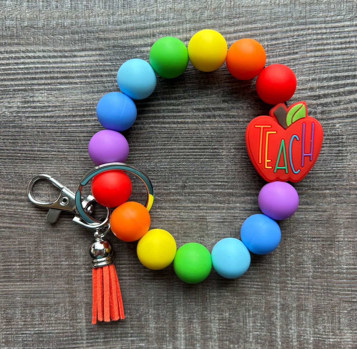 Apple Colorful Teacher Wristlet Keychain: Rainbow