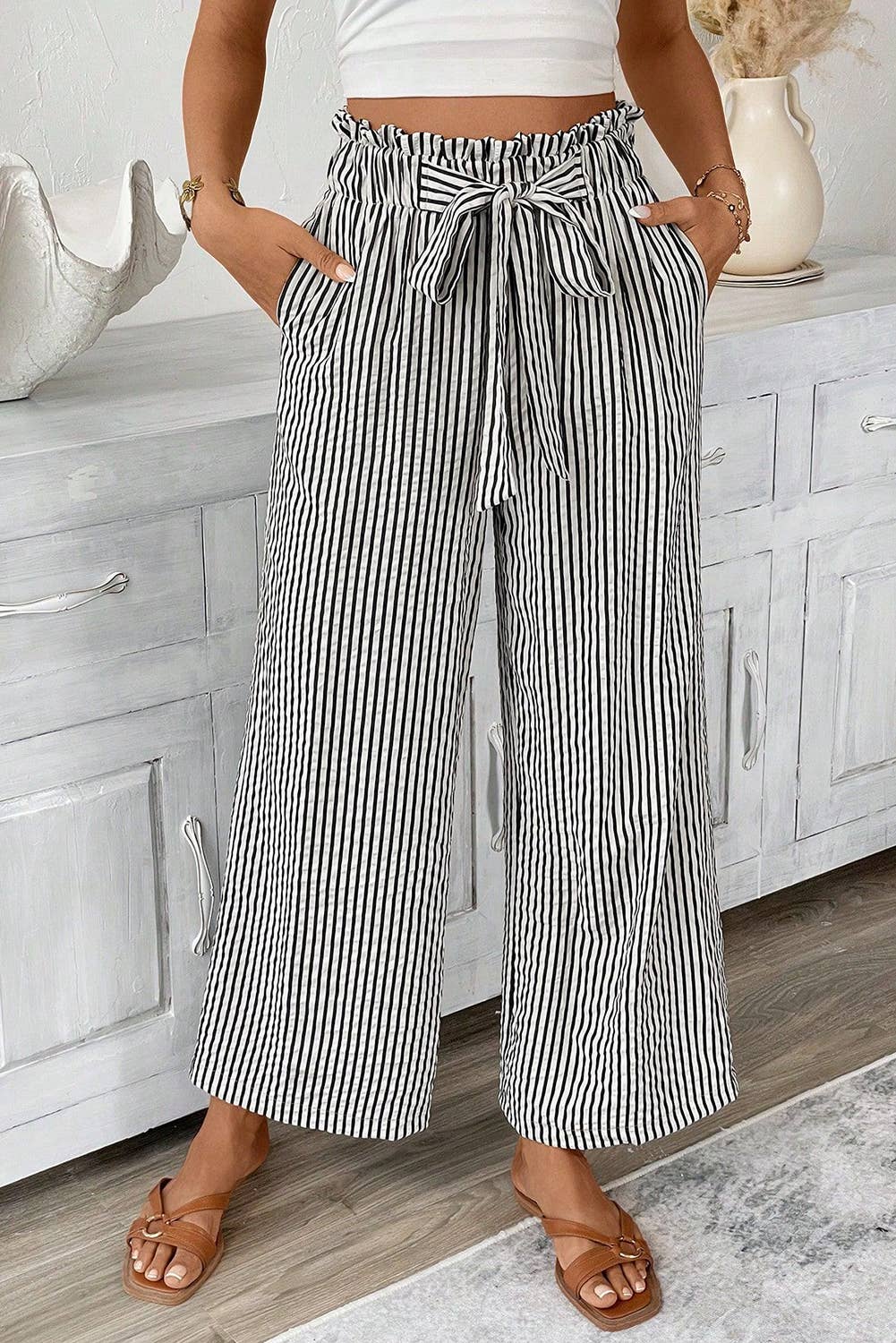 Stripe Plus Size Loose Straight Casual Pants S-4X: Black / M