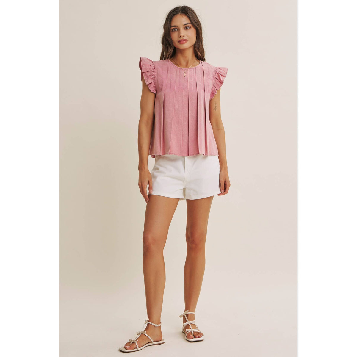 FADED GARDEN MINERAL-WASHED PLEATED BLOUSE WITH RUFFLES: RASPBERRY PINK / L