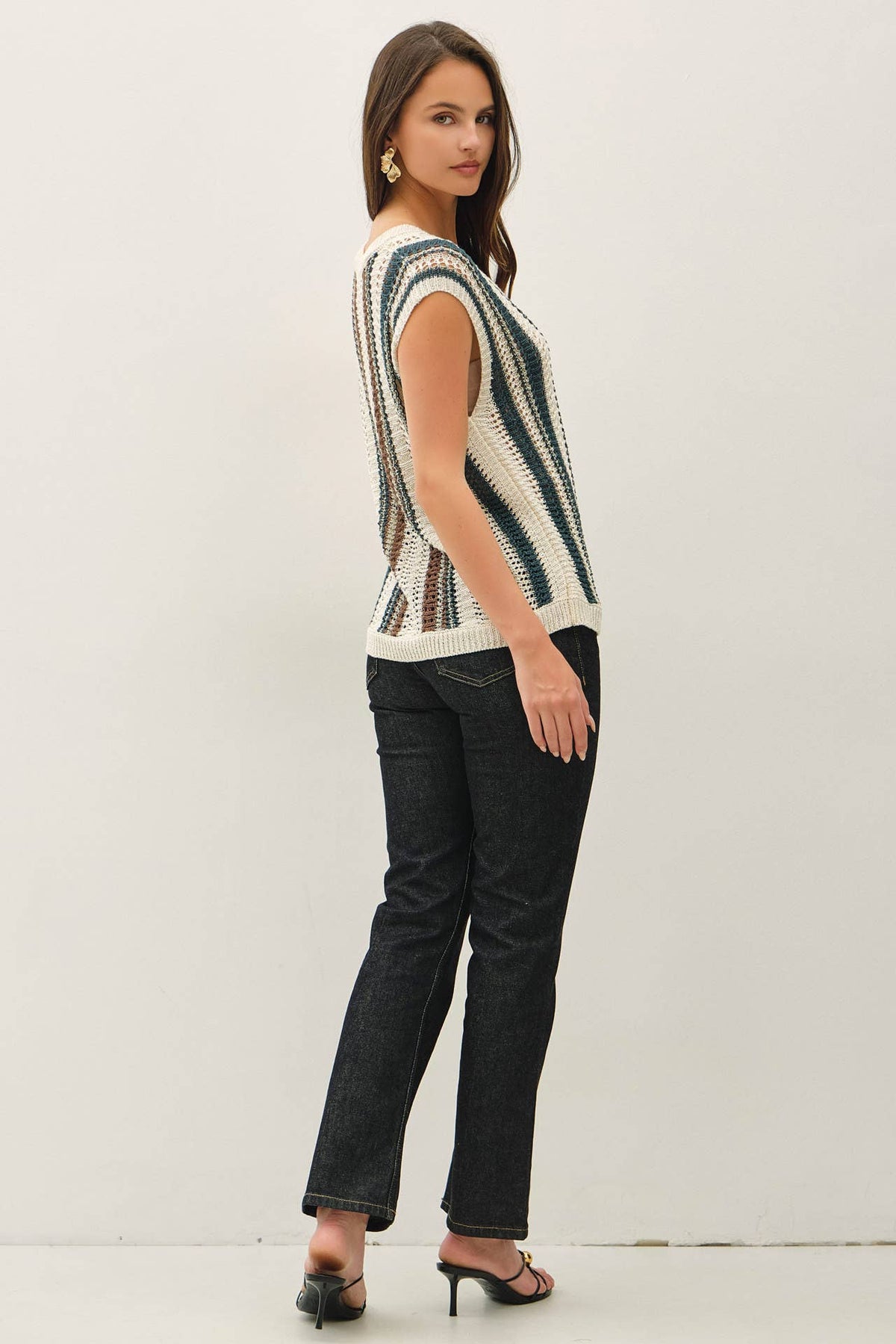 MIXED METALLIC YARN STRIPED HAND CRAFT CROCHET KNIT VEST : BURNT ORANGE / S