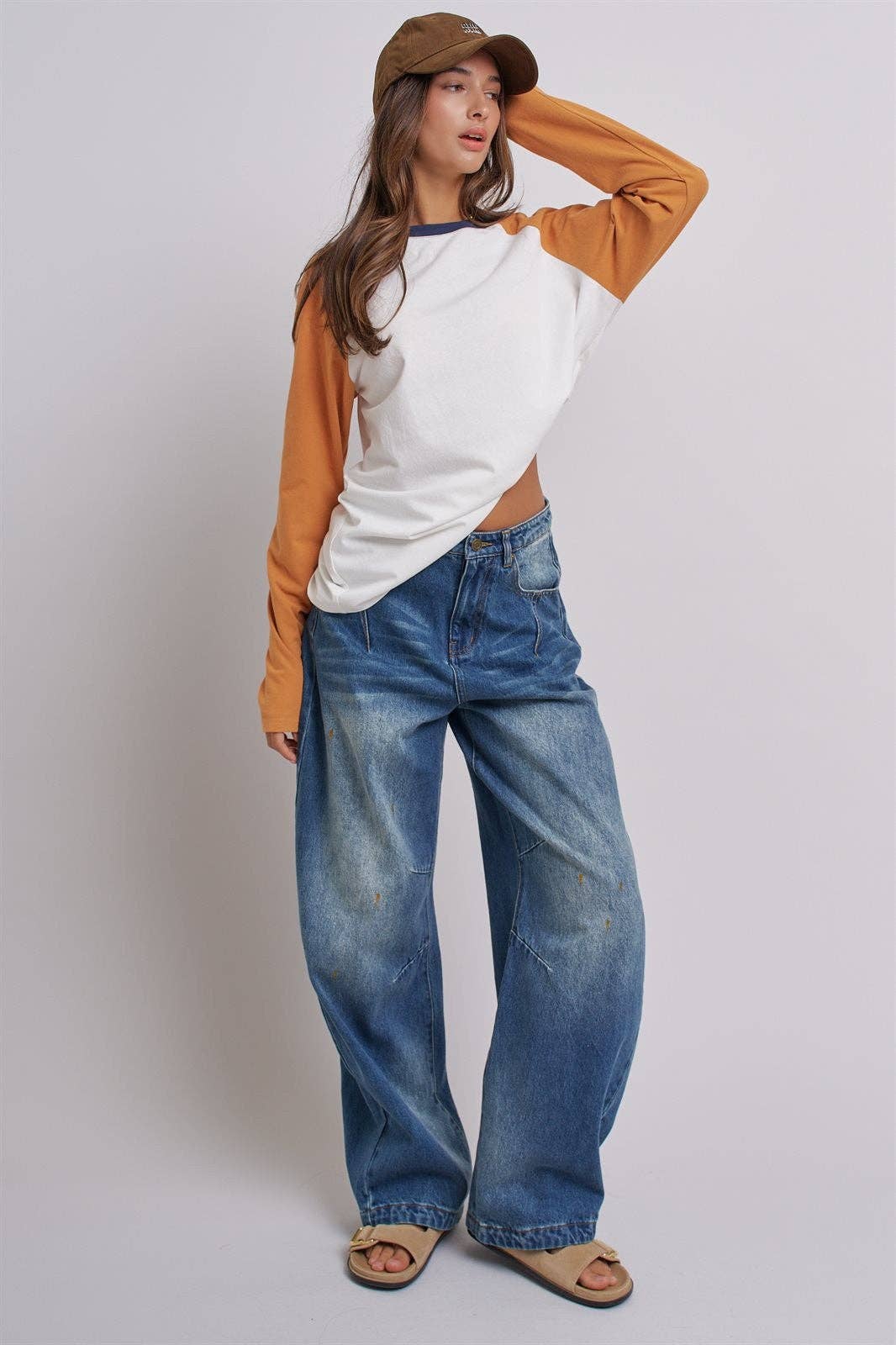 Retro Fade Wide-Leg Barrel Jeans: Denim / S-M-L