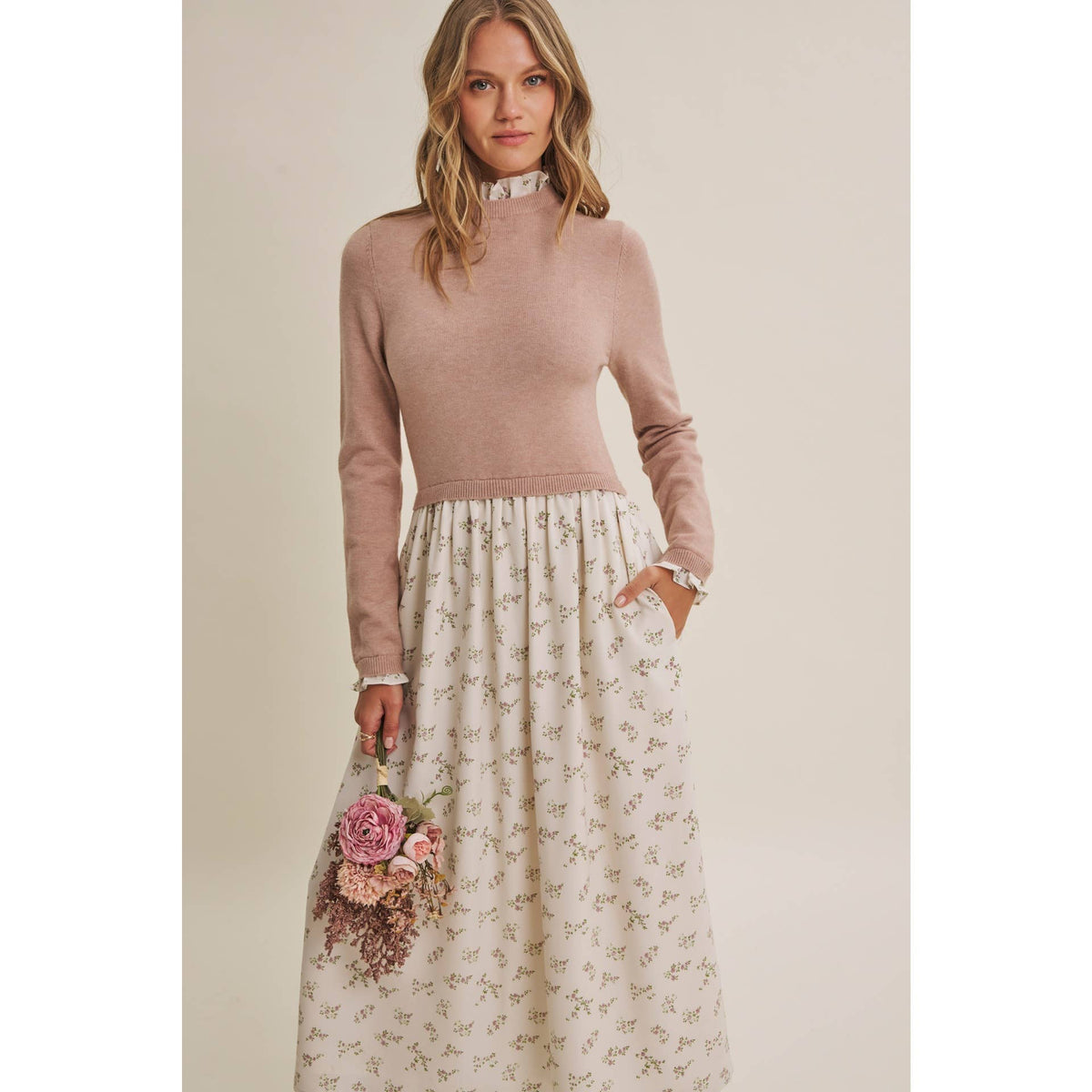 PRESSED PETALS VISCOSE BLEND SWEATER TWOFER MIDI DRESS: OATMEAL/MOCHA / M
