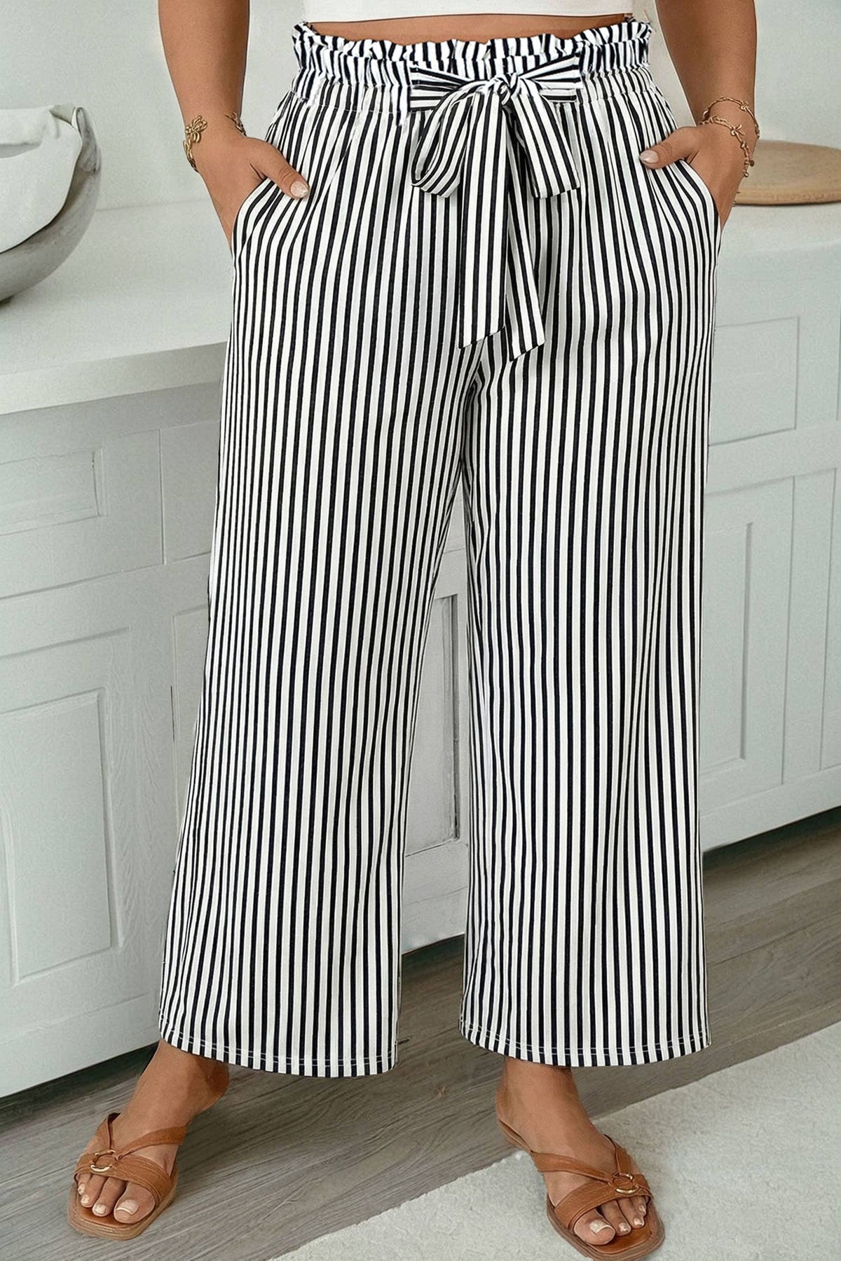 Stripe Plus Size Loose Straight Casual Pants S-4X: Black / M