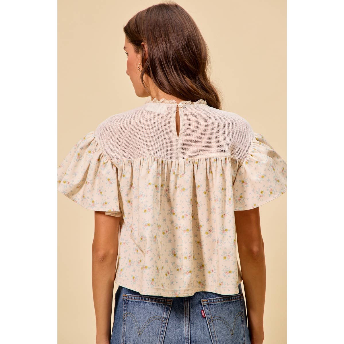 Jaylene COTTON WOVEN PRINT RUFFLED BLOUSE TOP: CREAM / L