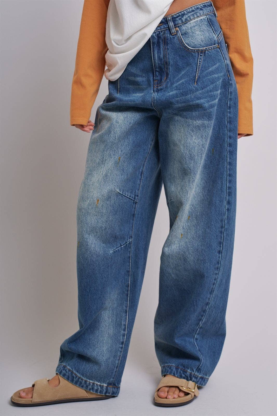 Retro Fade Wide-Leg Barrel Jeans: Denim / S-M-L