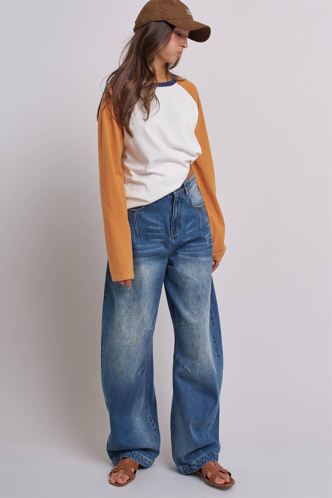 Retro Fade Wide-Leg Barrel Jeans: Denim / S-M-L