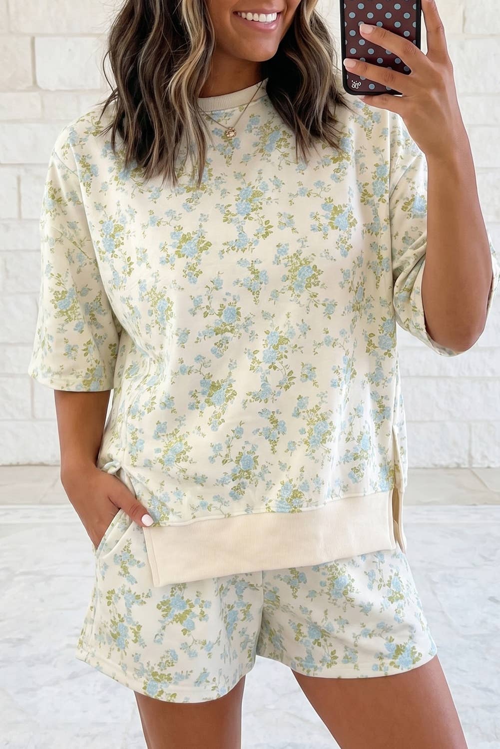 Floral Oversize Sweat Tee Elastic Waist Pocket Short 2PC Set: Pink / M