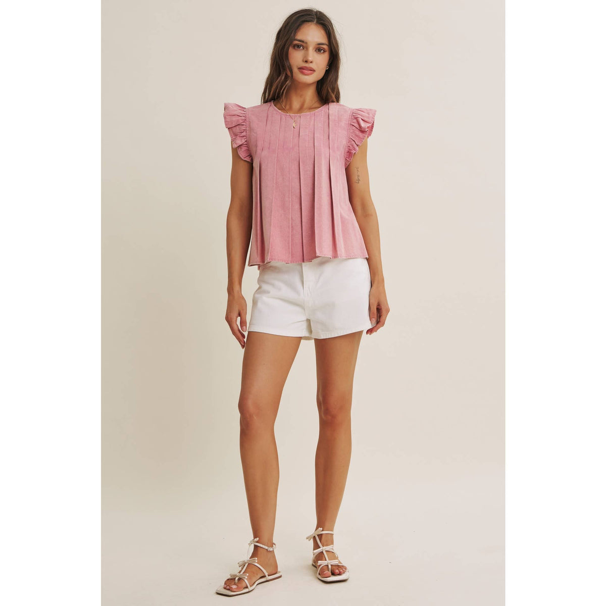 FADED GARDEN MINERAL-WASHED PLEATED BLOUSE WITH RUFFLES: RASPBERRY PINK / M