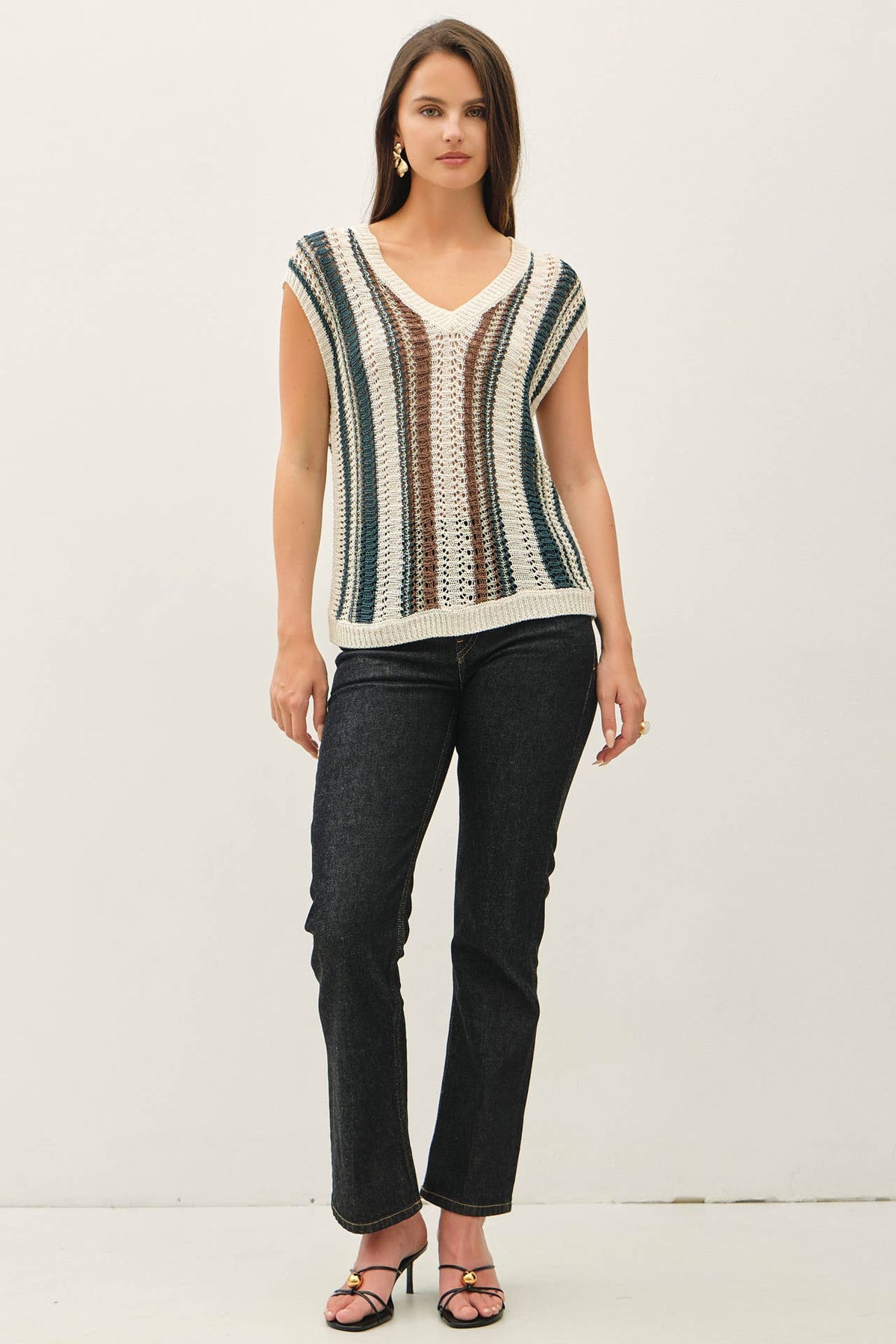 MIXED METALLIC YARN STRIPED HAND CRAFT CROCHET KNIT VEST : BURNT ORANGE / S