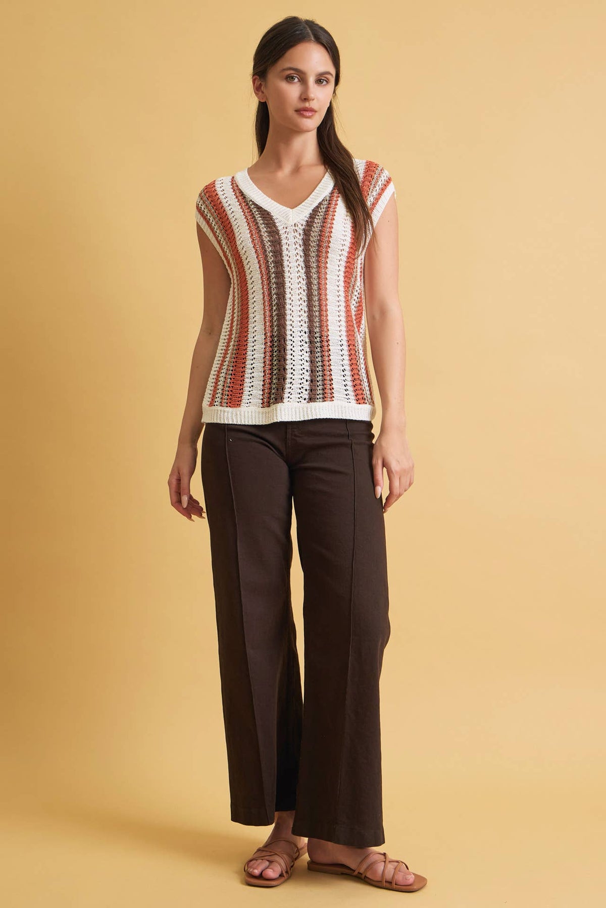 MIXED METALLIC YARN STRIPED HAND CRAFT CROCHET KNIT VEST : BURNT ORANGE / L