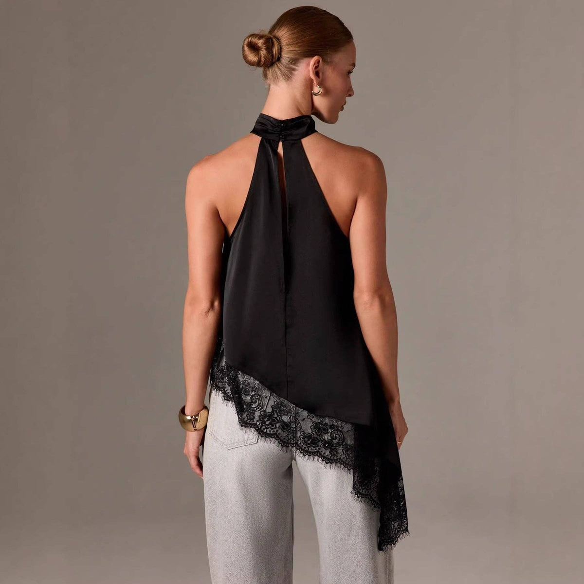 Women’s Satin Lace Trim Halter Neck Asymmetrical Top: Dark Brown / 100%Polyester / XL