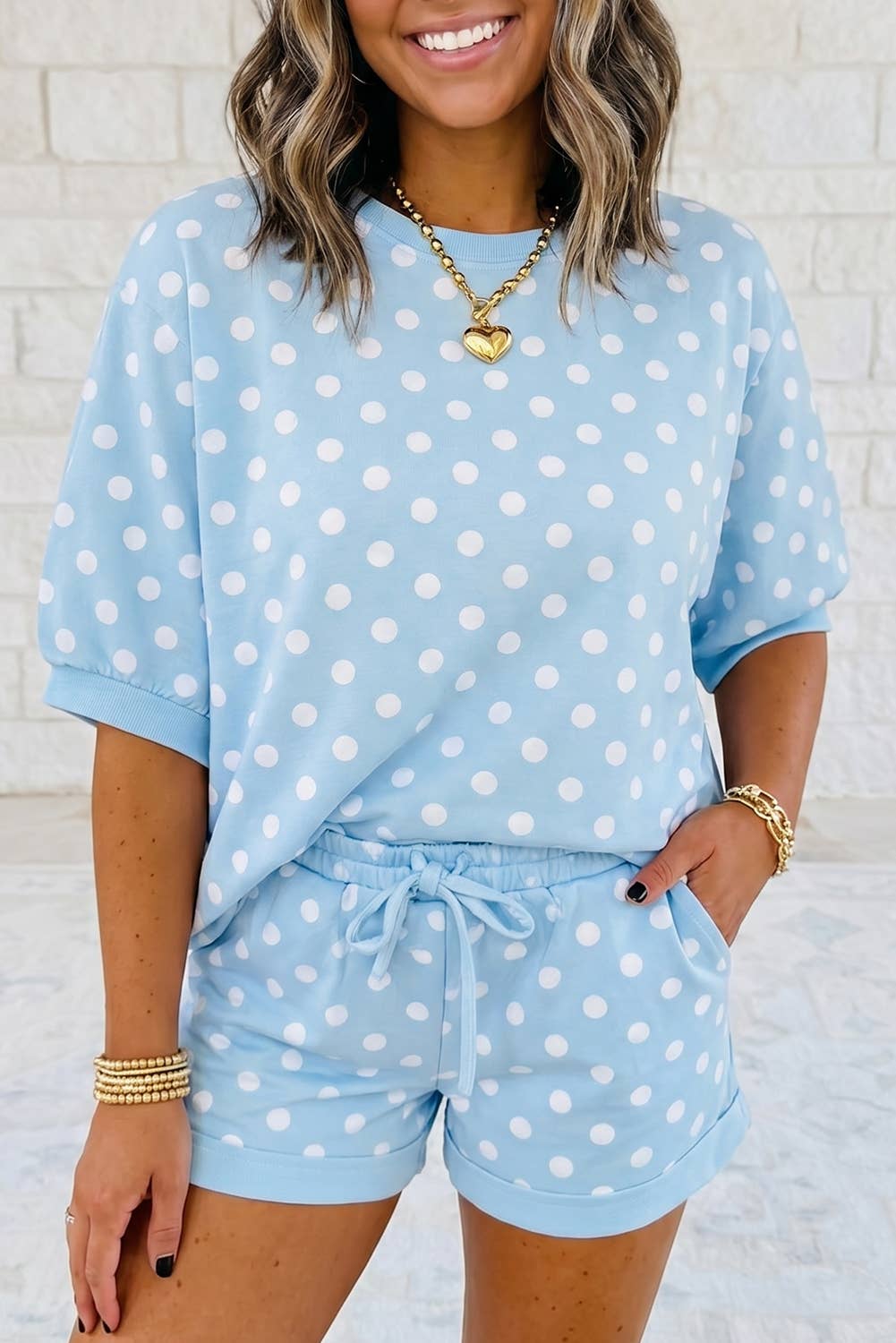 Casual Polka Dot Short Sleeve Top and Drawstring Shorts Set: Pink / XL