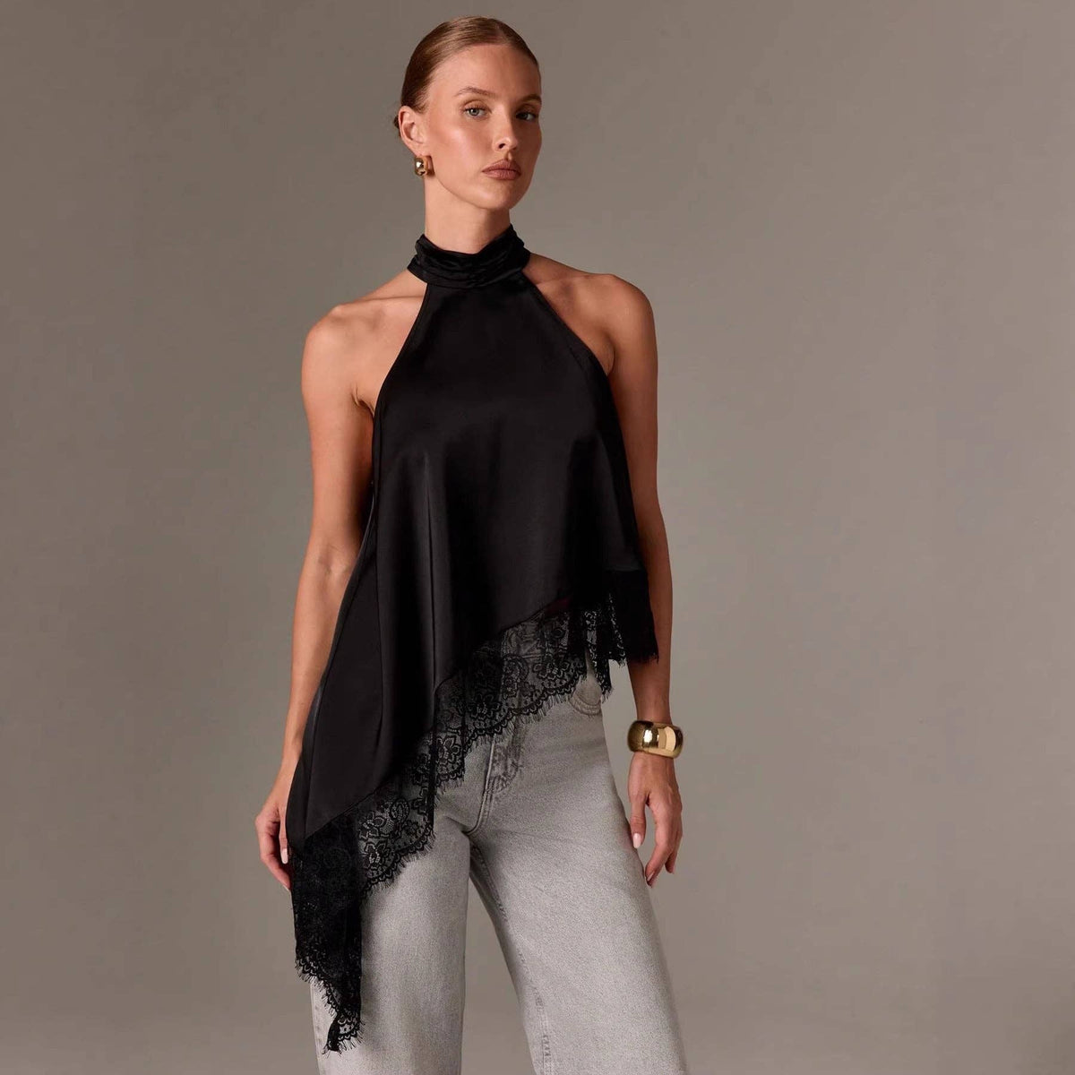 Women’s Satin Lace Trim Halter Neck Asymmetrical Top: Dark Brown / 100%Polyester / XL