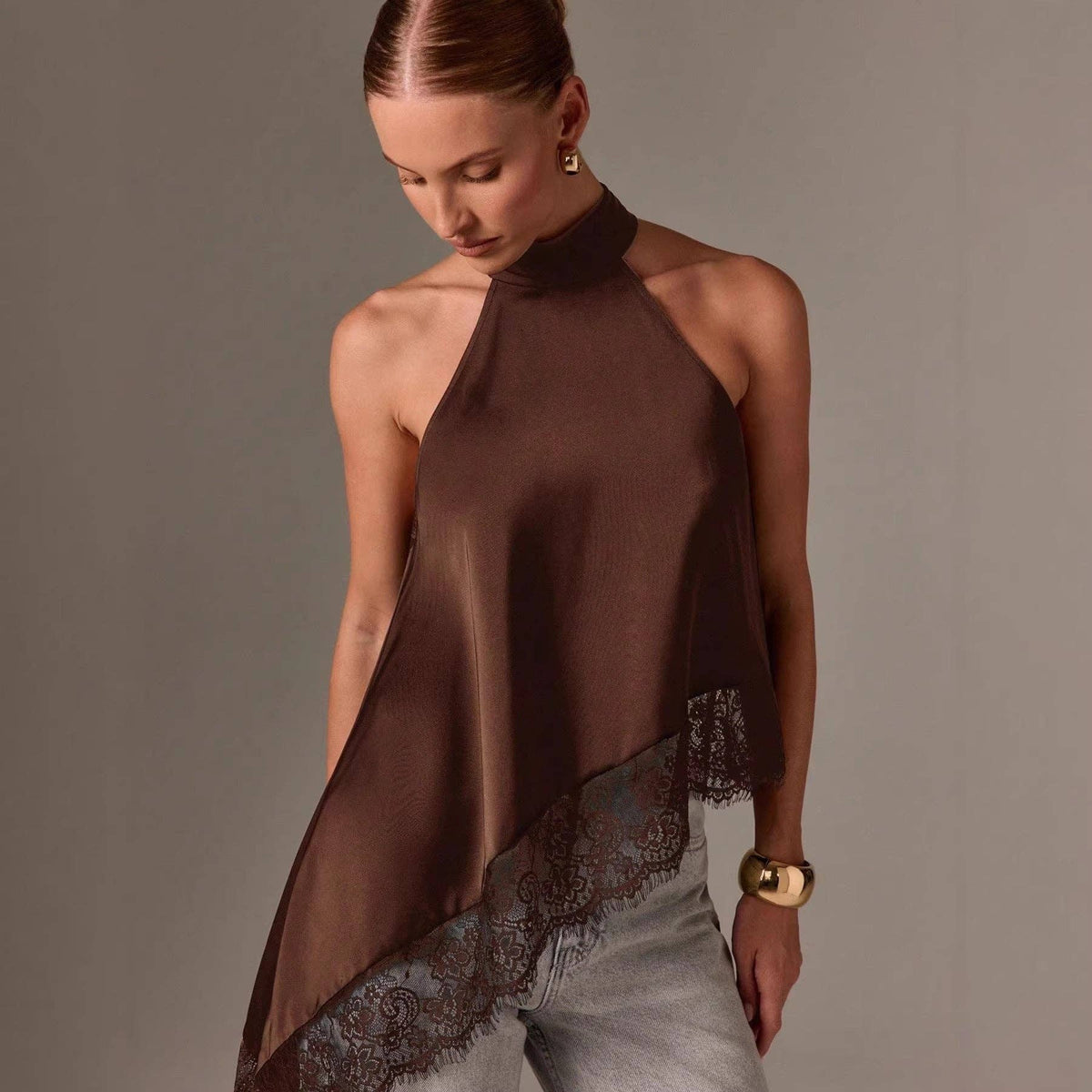 Women’s Satin Lace Trim Halter Neck Asymmetrical Top: Dark Brown / 100%Polyester / L