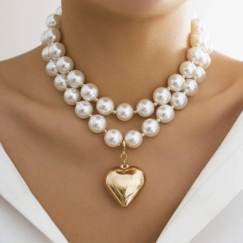 LUSTROUS PEARL BEADED LAYERED HEART NECKLACE | 40NK9456: GOLD