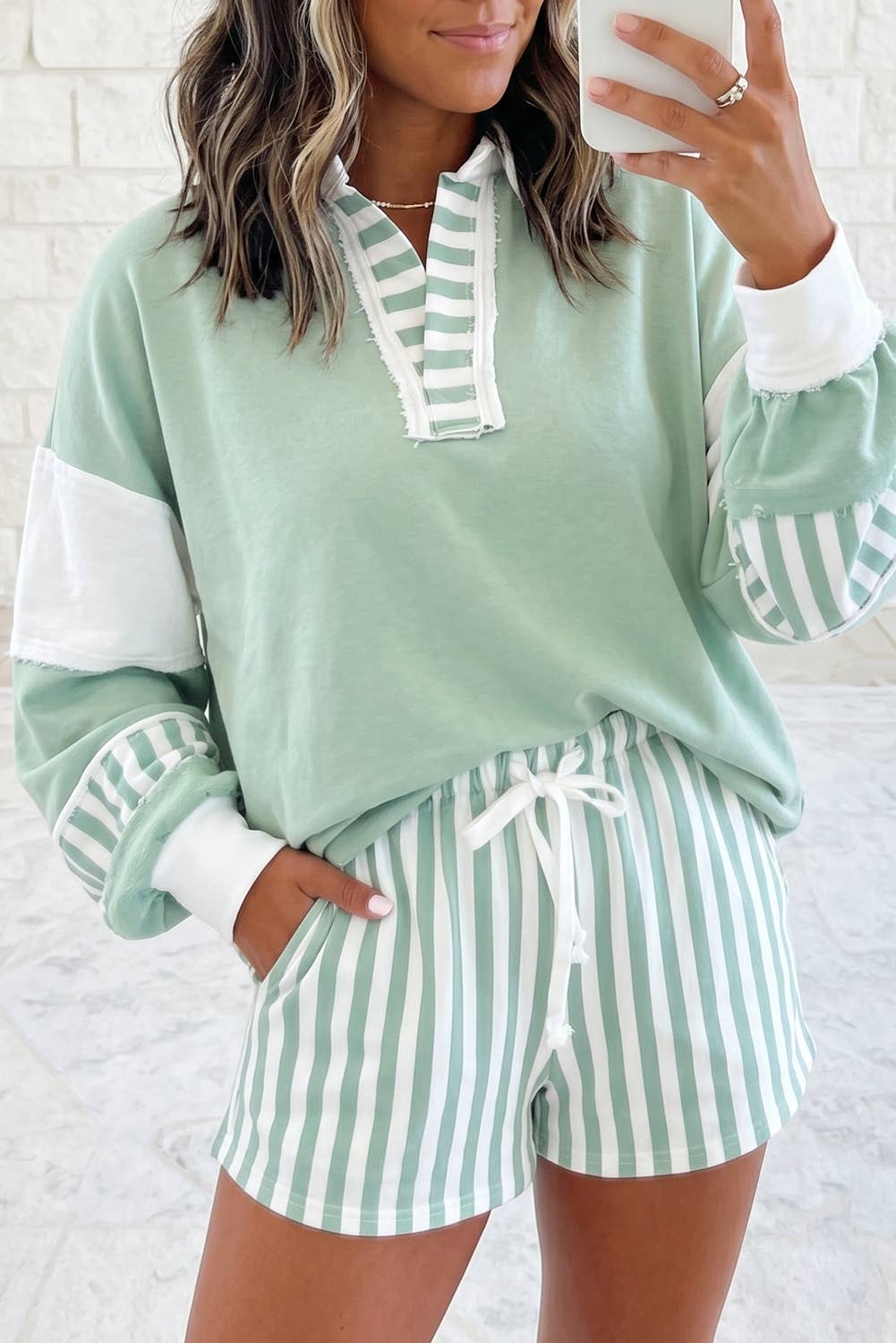 Striped Colorblock Patchwork Sweatshirt & Shorts Set S–4X: Smoke Green / S