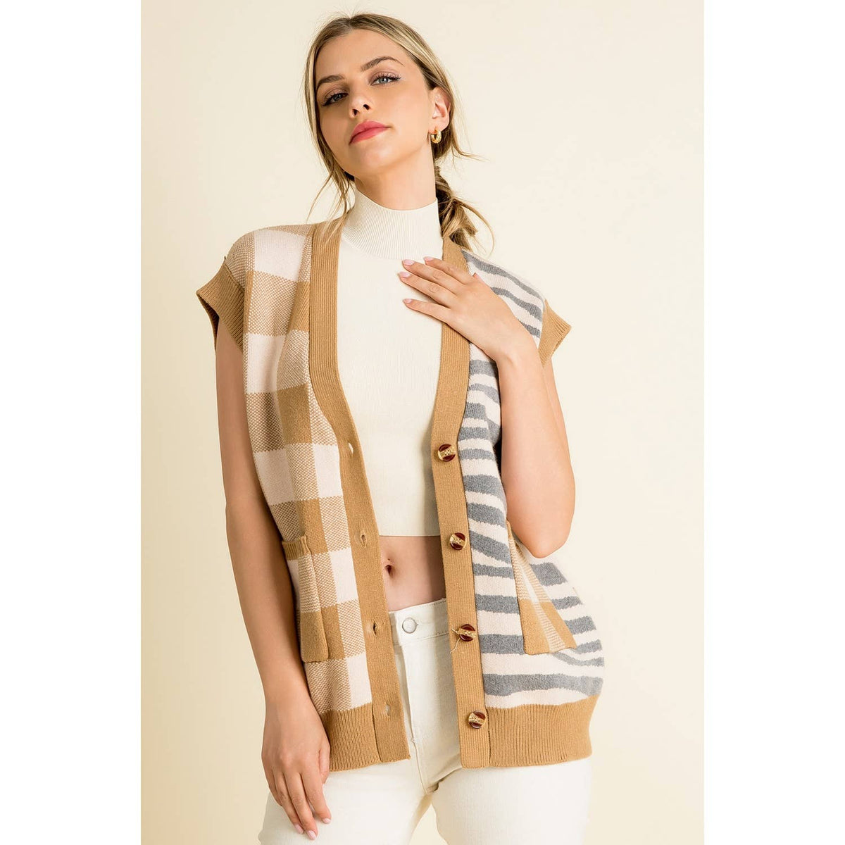 Mixed Pattern Vest: BEIGE / XS-S-M-L(1-2-2-1)