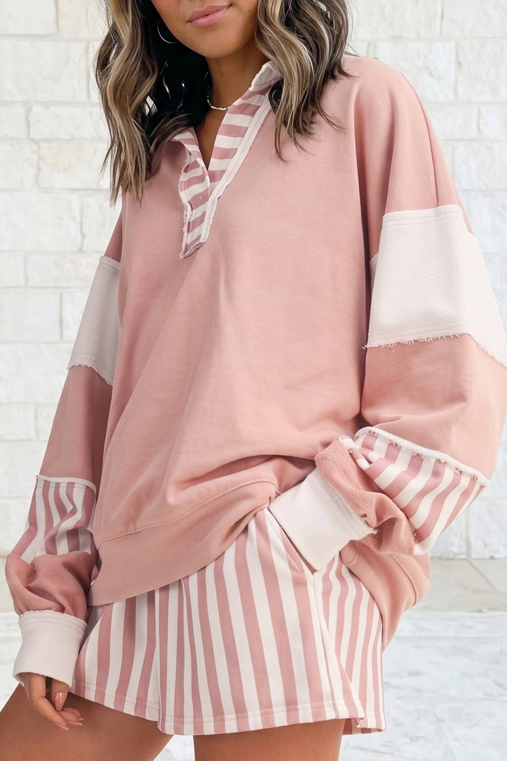 Striped Colorblock Patchwork Sweatshirt & Shorts Set S–4X: Smoke Green / M