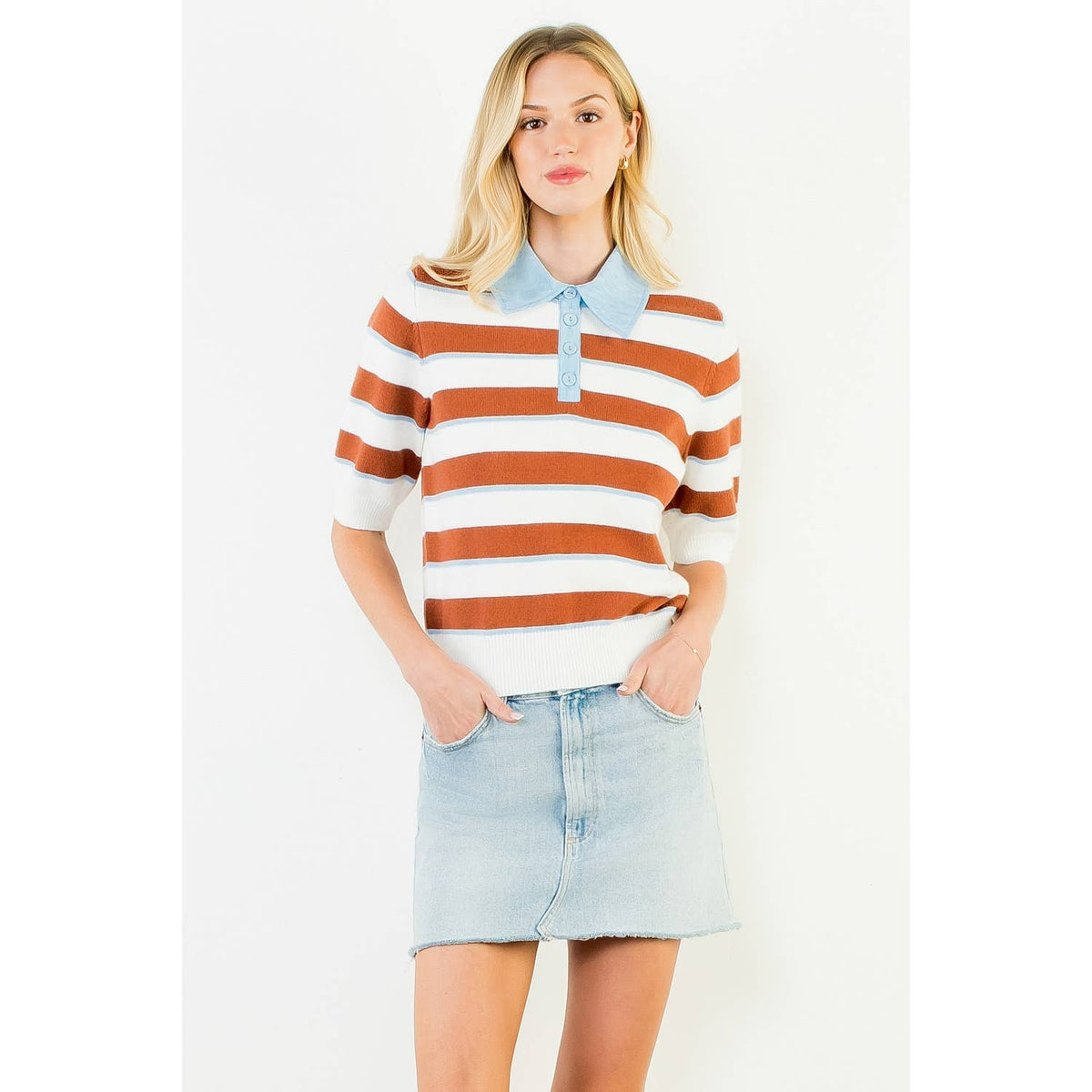 Stripe Knit Top: WHITE / XS-S-M-L(1-2-2-1)