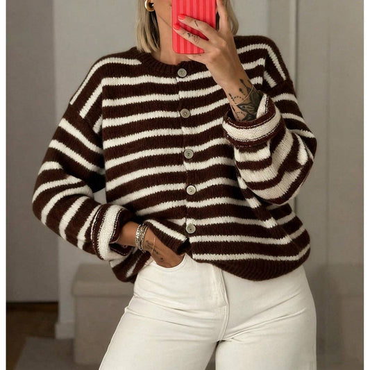 Striped Button Front Oversized Knit Cardigan: Coffee / 65%Polyester+30%Viscose   +5%Elastane / L