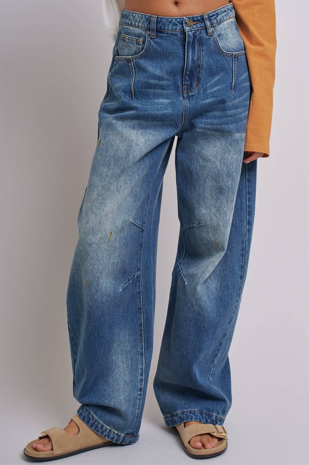 Retro Fade Wide-Leg Barrel Jeans: Denim / S-M-L