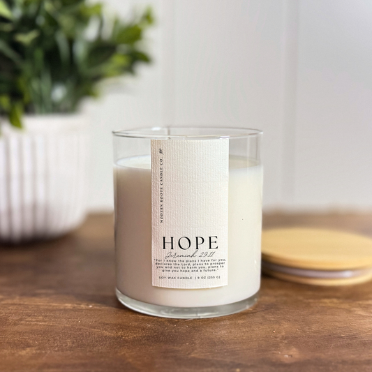 Hope |  Hibiscus & Agave | 9 oz. Clear Jar Soy Candle: Natural Wood Lid