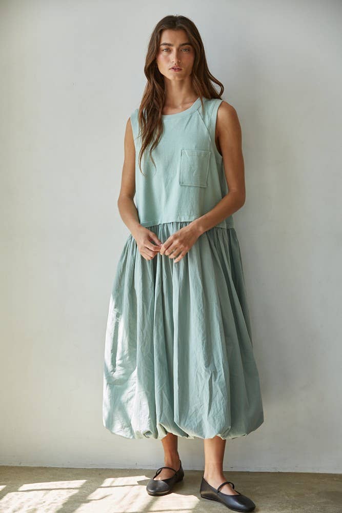 Leah | Knit Cotton Drop Waist Bubble Hem Midi Dress: Dusty Pink / M