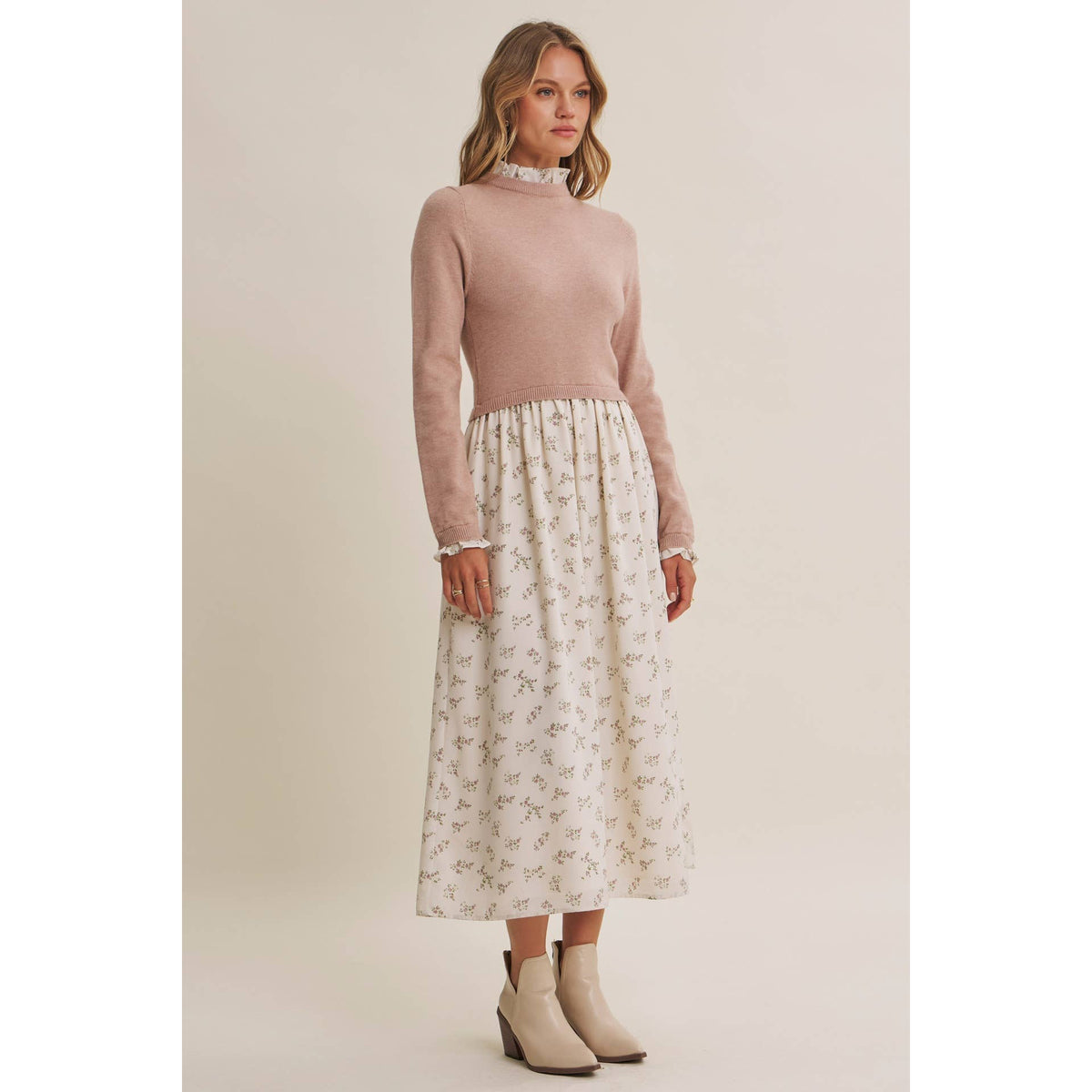 PRESSED PETALS VISCOSE BLEND SWEATER TWOFER MIDI DRESS: OATMEAL/MOCHA / S