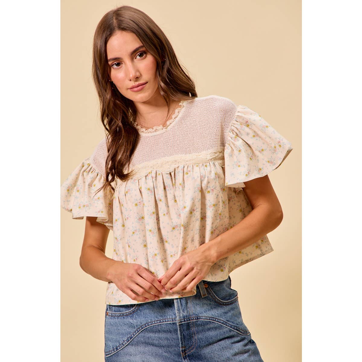 Jaylene COTTON WOVEN PRINT RUFFLED BLOUSE TOP: CREAM / M