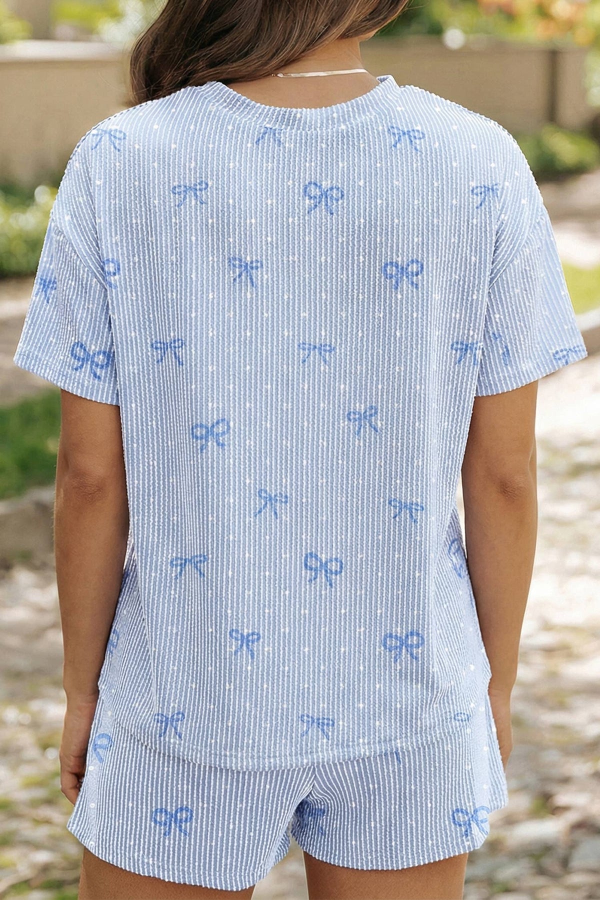 Tiny Bow Print Twisted Rib Loose 2pcs Short Set: Sky Blue / S