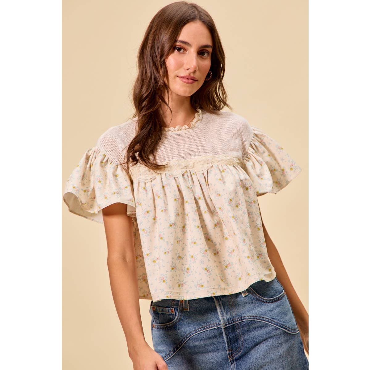 Jaylene COTTON WOVEN PRINT RUFFLED BLOUSE TOP: CREAM / XL