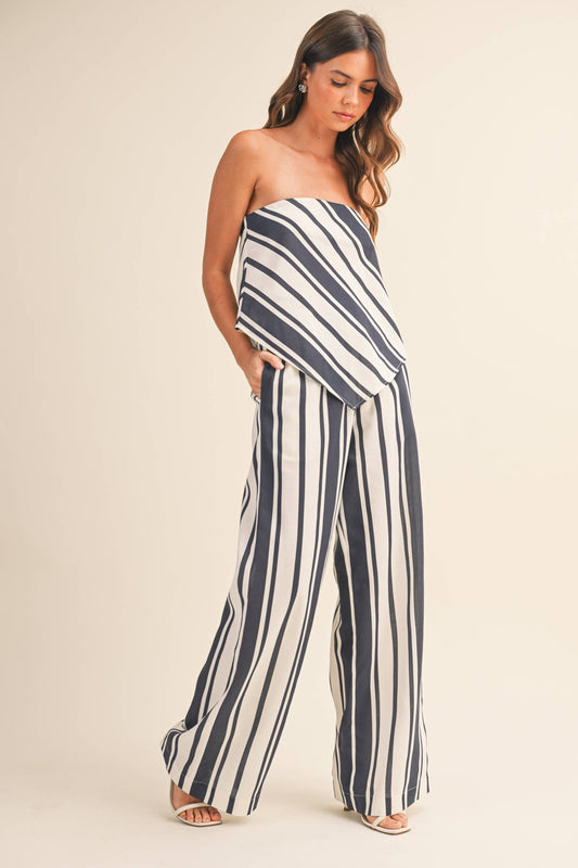 Chloe STRIPED LINEN TUBE TOP AND WIDE LEG PANTS SET: NAVY/WHITE