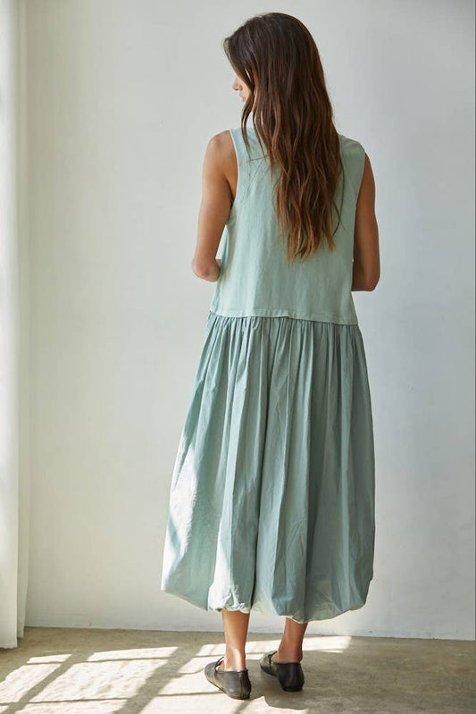 Leah| Knit Cotton Drop Waist Bubble Hem Midi Dress: Light Sage / L