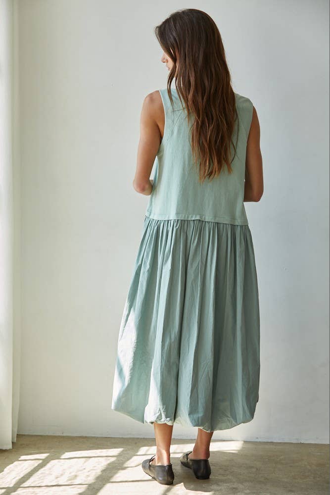 Leah Knit Cotton Drop Waist Bubble Hem Midi Dress: Light Sage / M