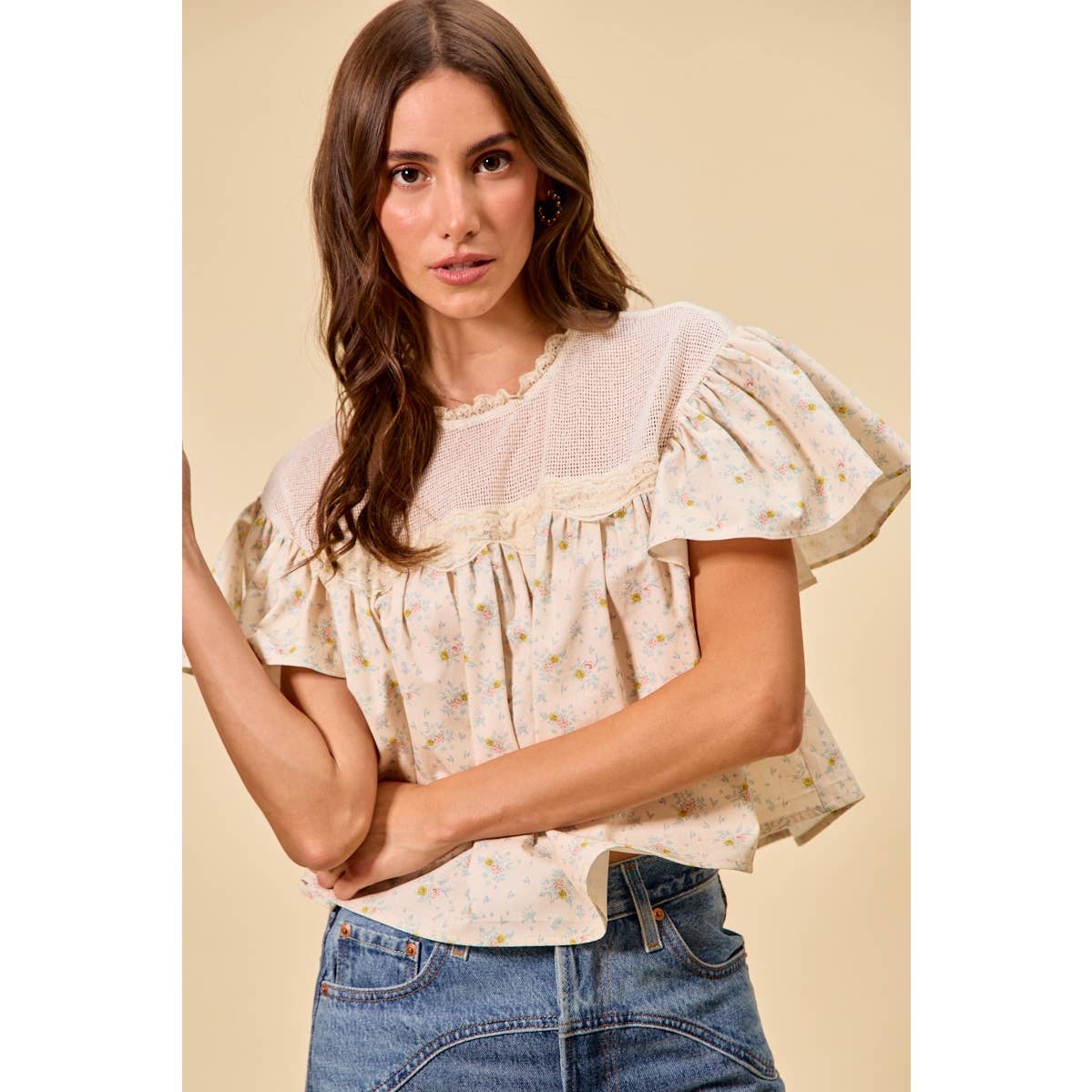 Jaylene COTTON WOVEN PRINT RUFFLED BLOUSE TOP: CREAM / XL