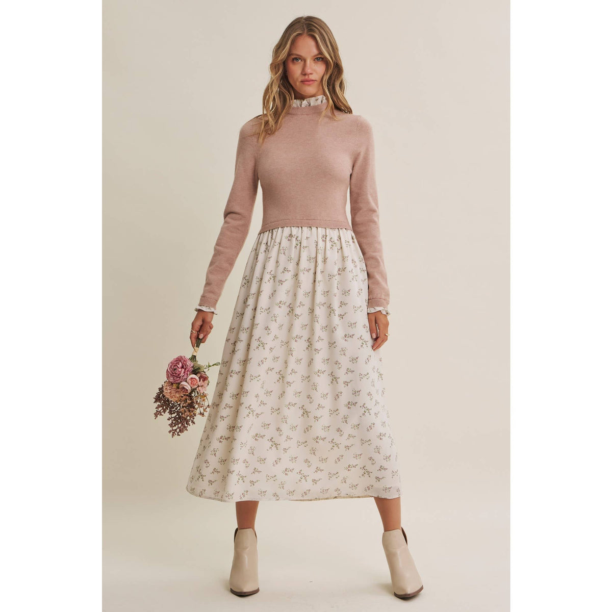 PRESSED PETALS VISCOSE BLEND SWEATER TWOFER MIDI DRESS: OATMEAL/MOCHA / S