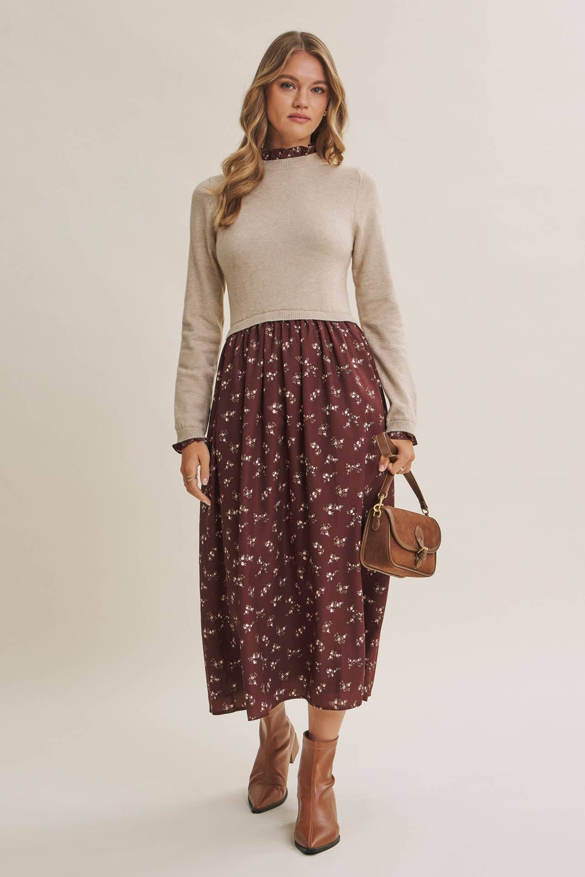 PRESSED PETALS VISCOSE BLEND SWEATER TWOFER MIDI DRESS: OATMEAL/MOCHA / S