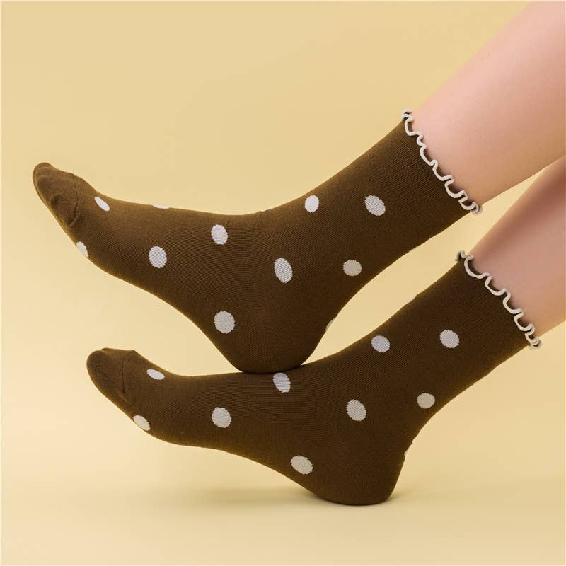 Ruffled Polka Dot Crew Socks | 40S02090: BROWN