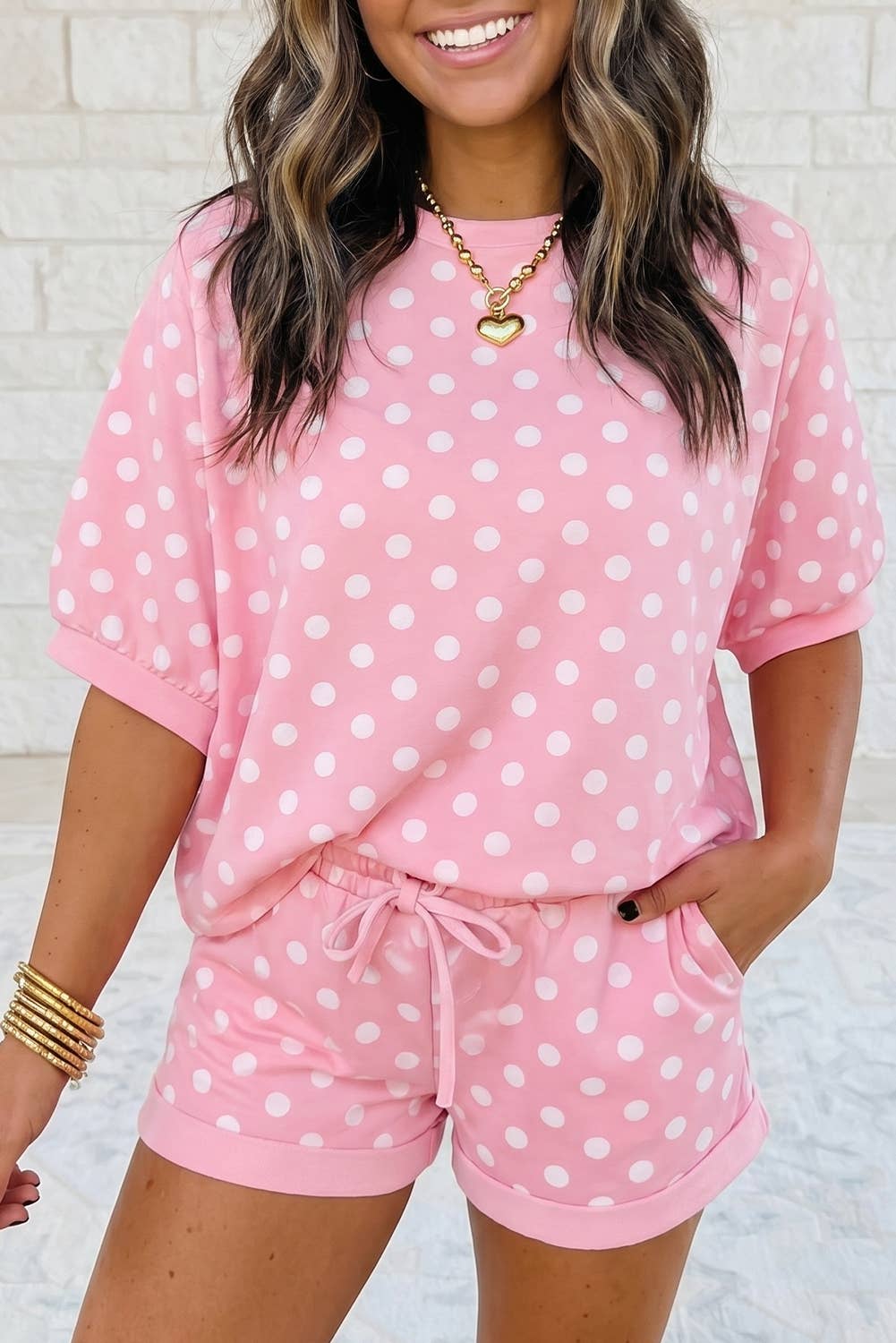 Casual Polka Dot Short Sleeve Top and Drawstring Shorts Set: Pink / L