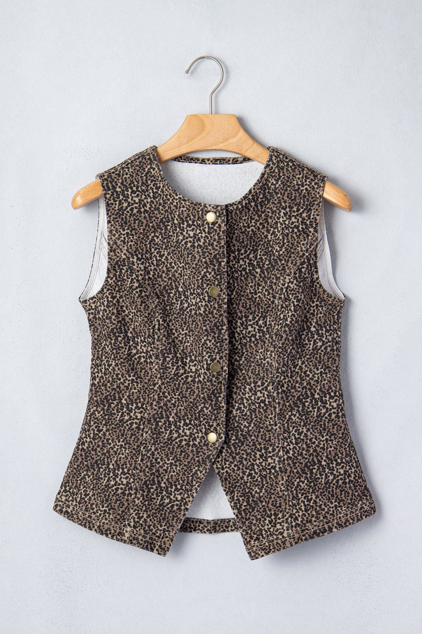Damaris Leopard Denim Button Front Vest: Brown / L