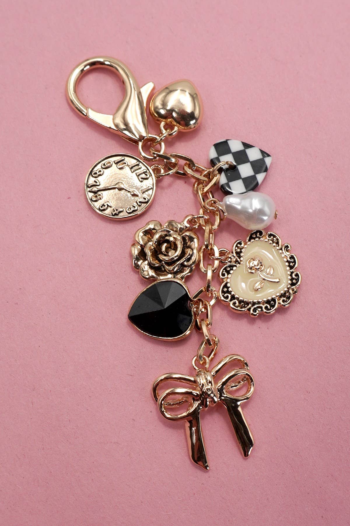 BOW CHECKER HEART FLOWER BAG CHARM | 80K049: Gold