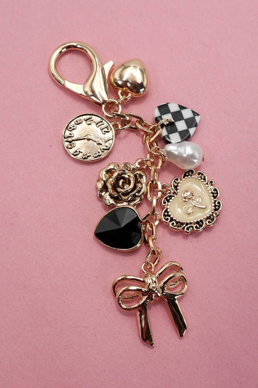 BOW CHECKER HEART FLOWER BAG CHARM | 80K049: Gold