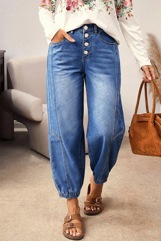 Buttons Front Tapered Casual Loose Fit Jeans: Blue / 14
